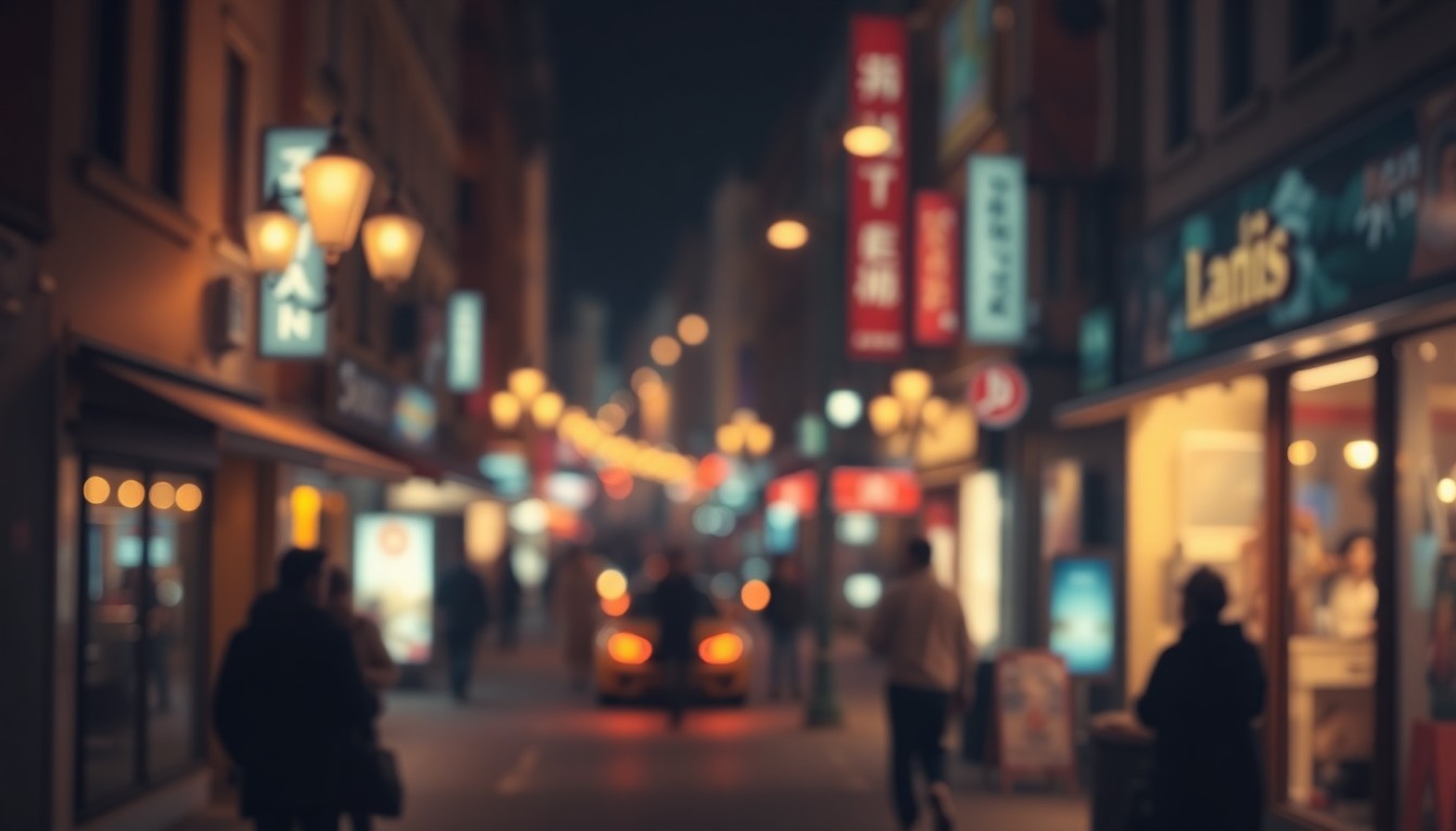 An extremely abstracted, out-of-focus photograph of a city street at night, with warm pools of light from street lamps and storefronts creating a cozy, inviting atmosphere, capturing the mood and energy of the Back Bay neighborhood.