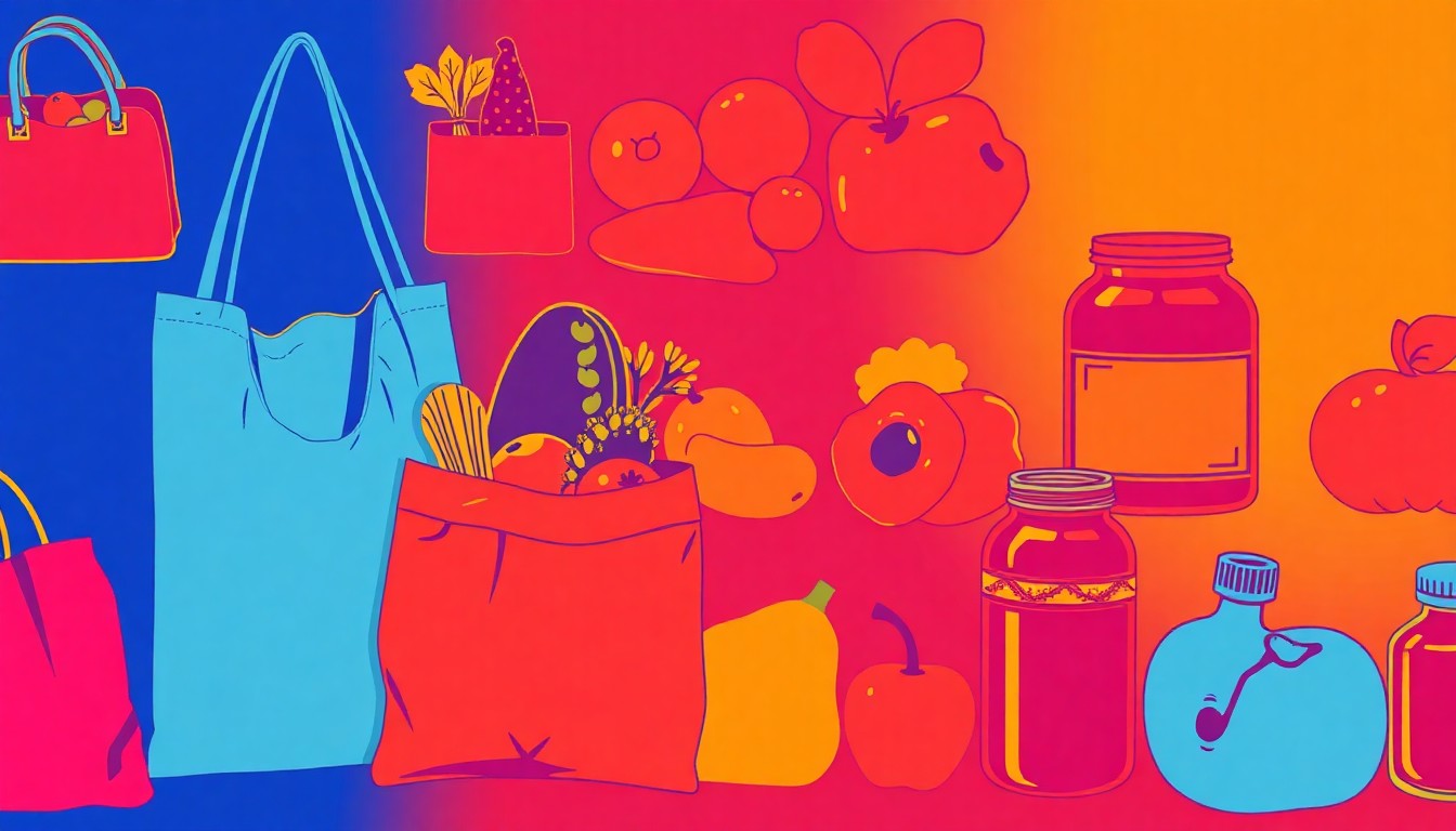 A brightly colored, high-contrast silkscreen print of a single, iconic lifestyle object such as a reusable grocery bag or organic produce, repeated in a tight grid pattern in vibrant neon colors, conceptually representing the joyful energy of a community festival.