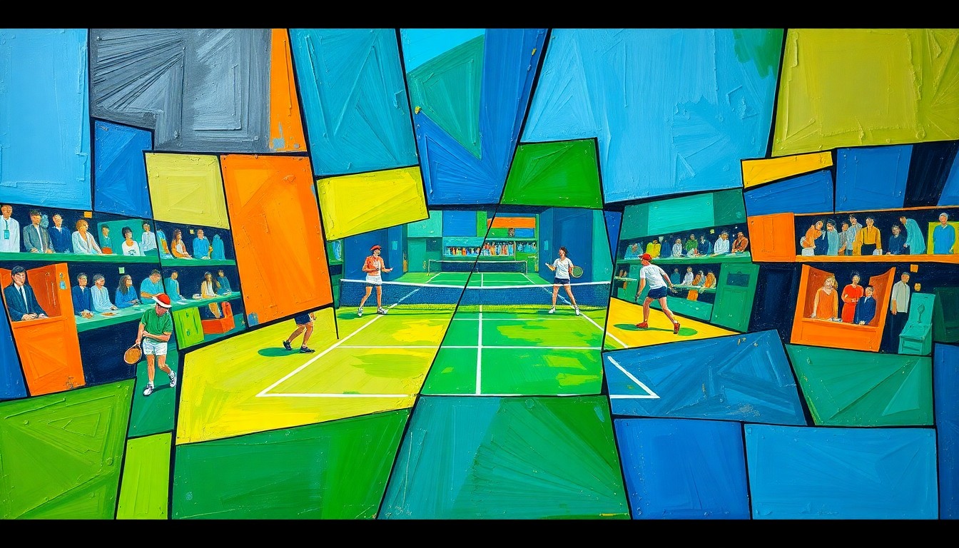A cubist, geometric painting depicting a tennis match or competition, with sharp, overlapping planes of vibrant blue, green, and orange colors, capturing the dynamic energy and competitive spirit of the sport.
