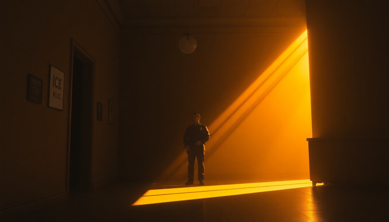 A cinematic painting depicting a lone ICE agent standing in the shadows of a dimly lit government office, the scene bathed in warm, diagonal sunlight, conveying the somber mood of federal immigration enforcement encroaching on state authority.