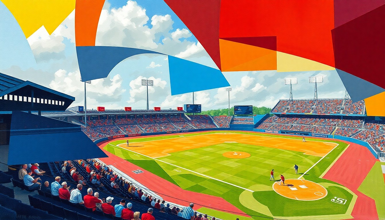 A cubist, geometric painting depicting a high school baseball game, with the players, field, and crowd reduced to abstracted shapes and planes of color in a fractured, multi-perspective style.