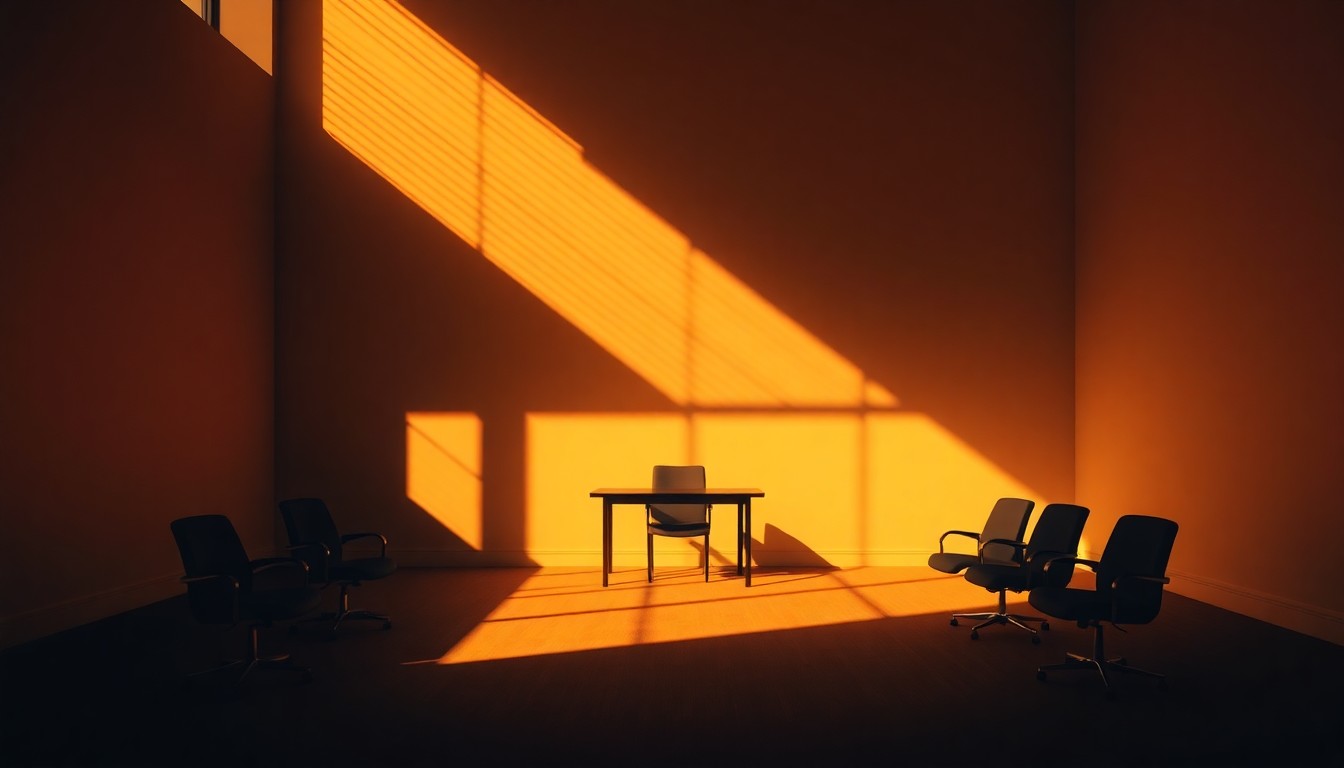 A dimly lit, cinematic conference room with a single chair and table in the center, the space filled with warm, diagonal sunlight and deep shadows, conceptually representing the quiet, contemplative nature of political policymaking.