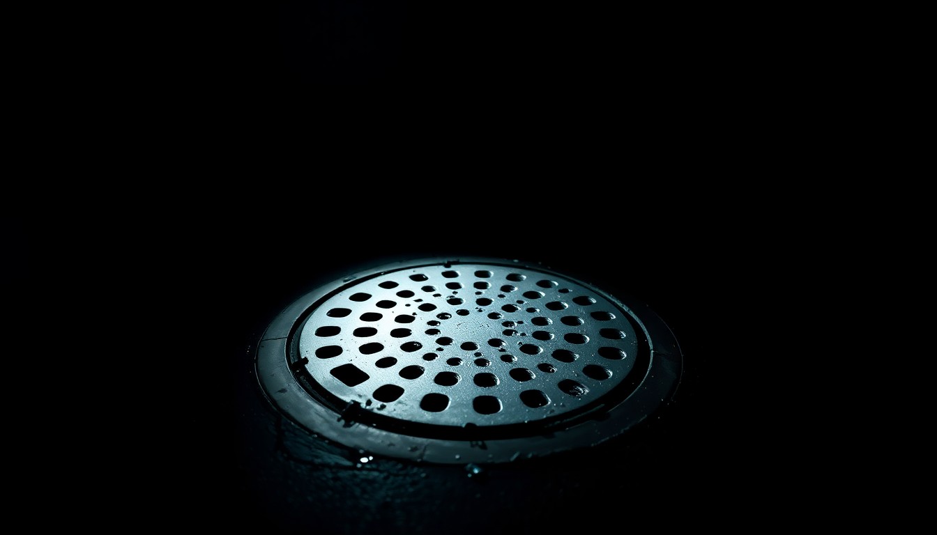 An extreme close-up photograph of a metal swimming pool drain cover, its textured surface dramatically lit by a harsh, direct camera flash against a pitch-black background, creating a stark, gritty, investigative aesthetic.