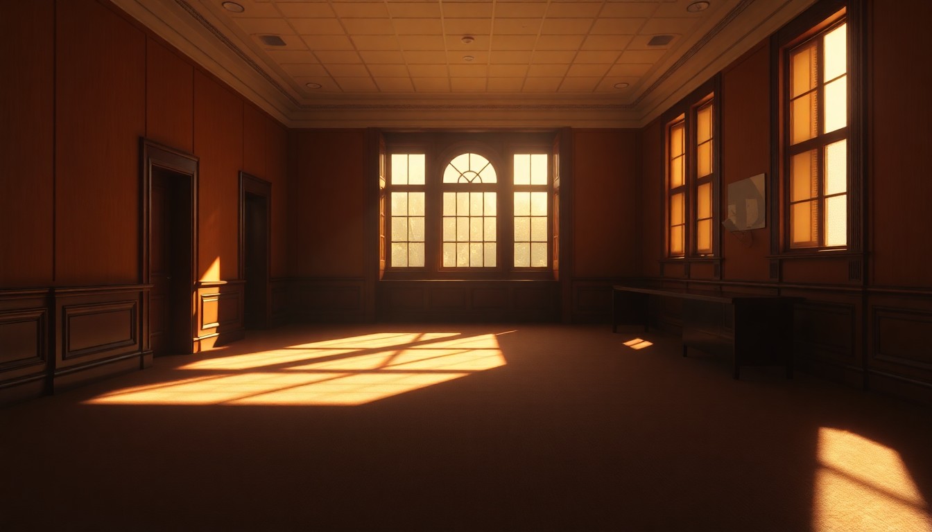 A dimly lit, cinematic painting of an empty government office space, with warm sunlight streaming in through the windows and deep shadows covering much of the room, creating a sense of political disillusionment and unease.