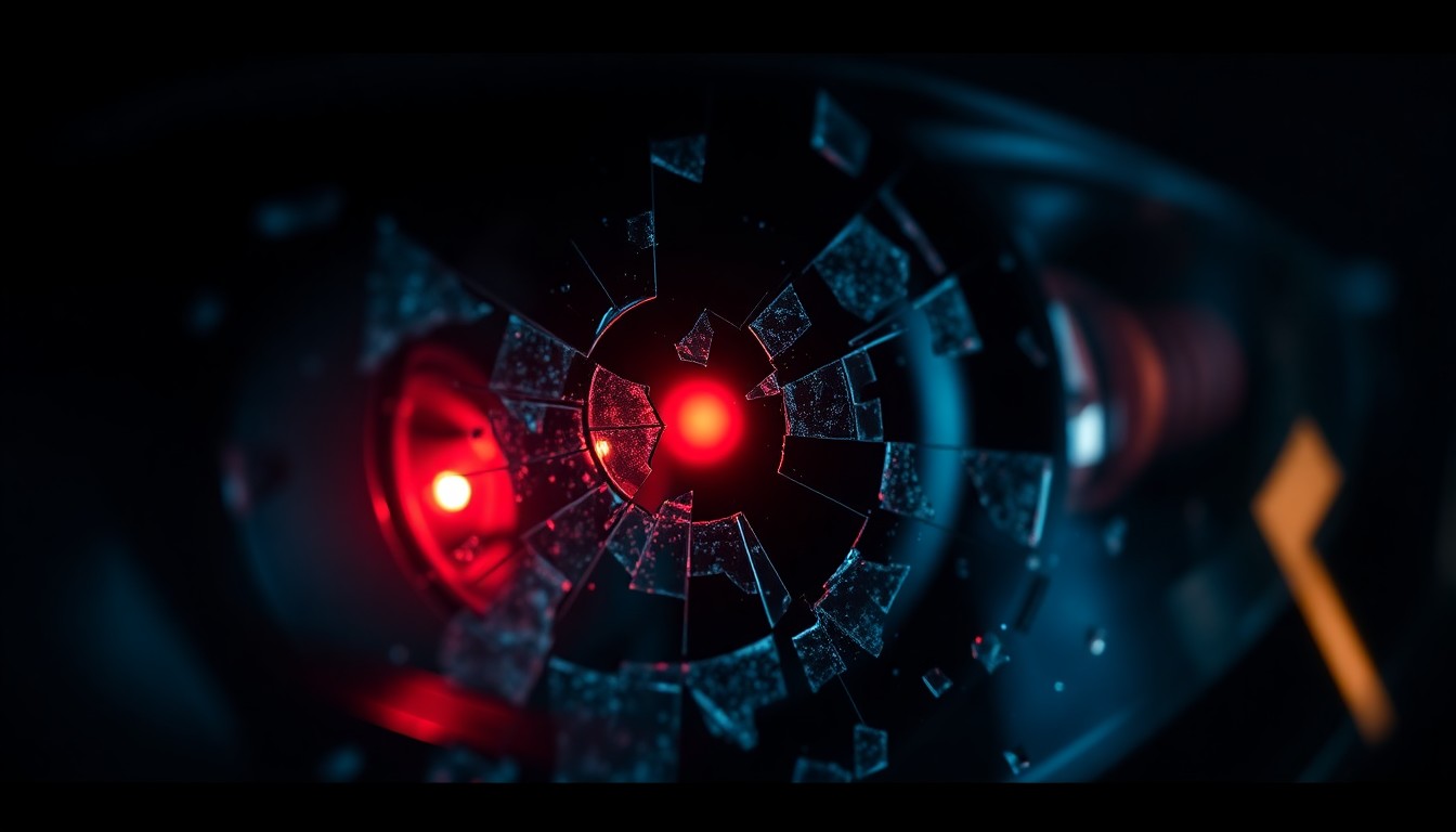 An extreme close-up of a shattered car sensor lens reflecting a faint red light, conceptually illustrating the vandalism of self-driving cars.