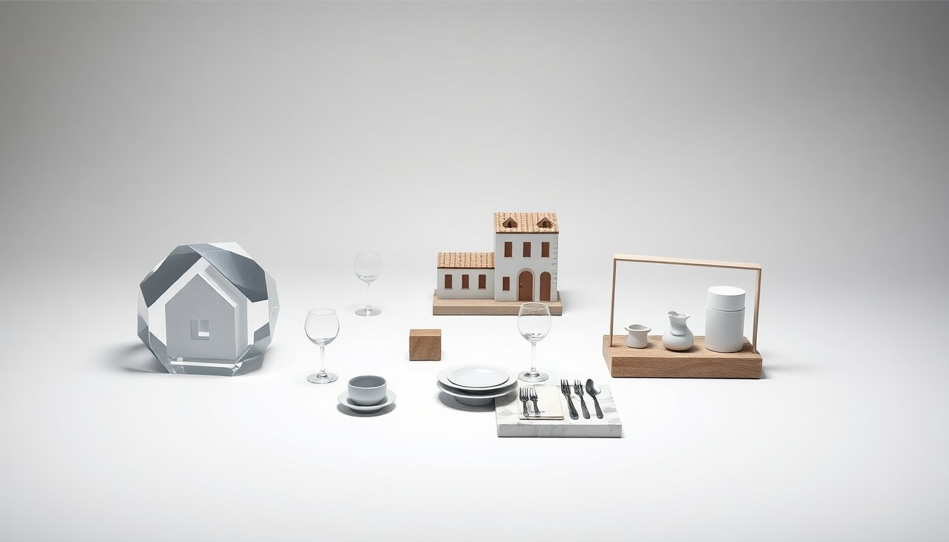 A high-end studio photograph featuring a collection of premium, geometric objects arranged elegantly on a clean, monochromatic background, symbolizing the various components of a mixed-use development project.