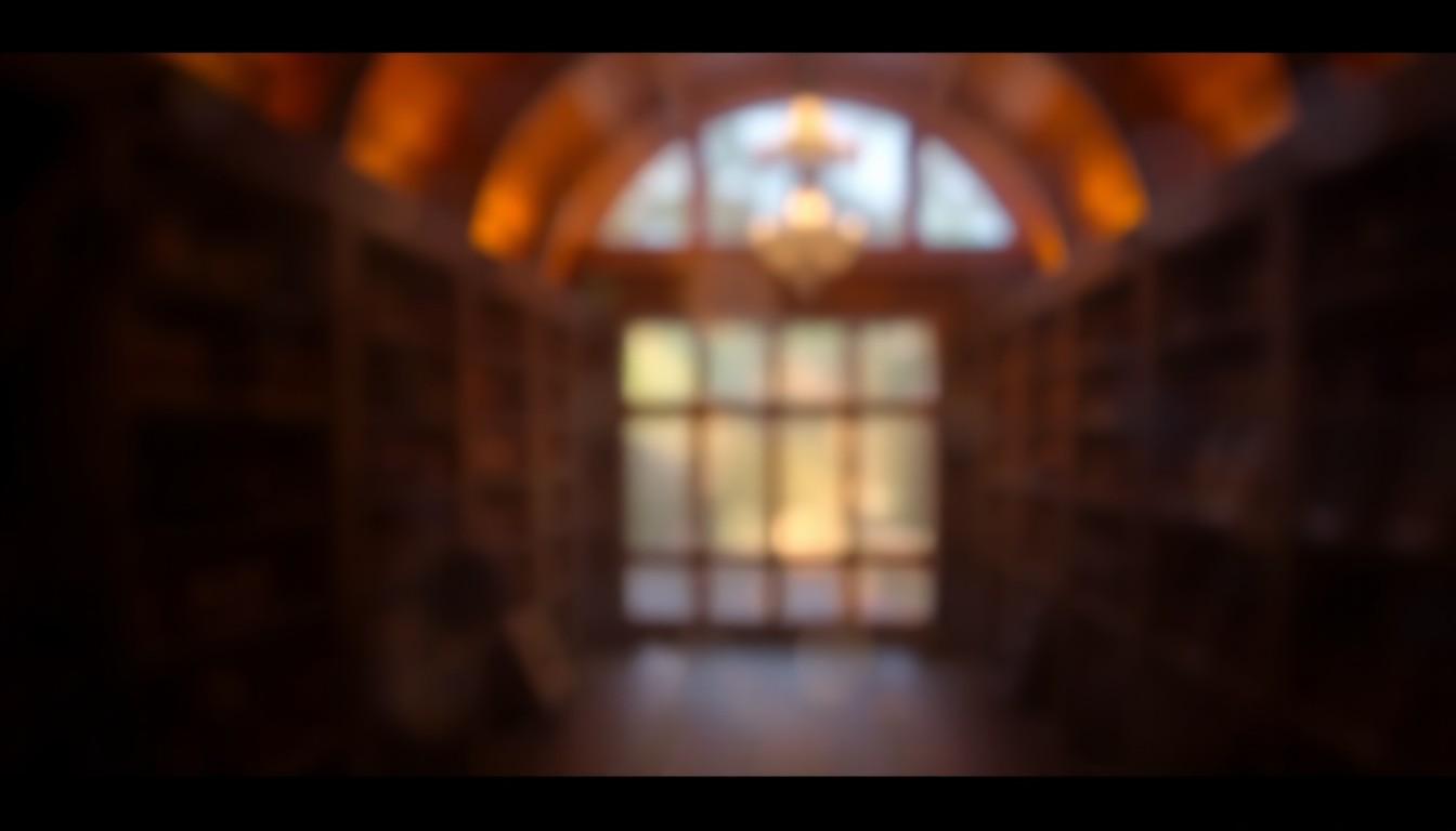 An extremely blurred and abstracted scene of warm, glowing light and color, evoking the hidden treasures and rich history of Glamis Castle's wine cellar.