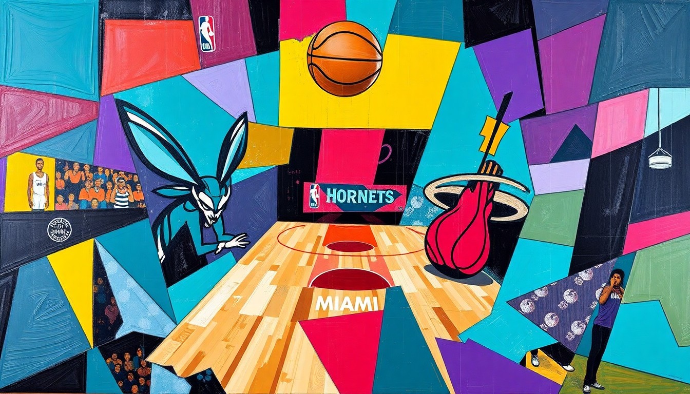 A fragmented, cubist-style painting depicting a basketball game, with sharp, overlapping geometric shapes in the Hornets' teal and purple colors as well as the Heat's red and yellow hues, conveying the high-energy and competitive nature of the overtime matchup.