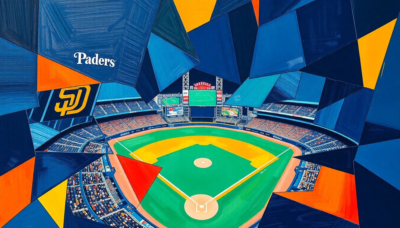 A cubist, geometric painting depicting a baseball game between the San Diego Padres and Seattle Mariners, with overlapping shapes and planes in vibrant colors representing the action on the field.