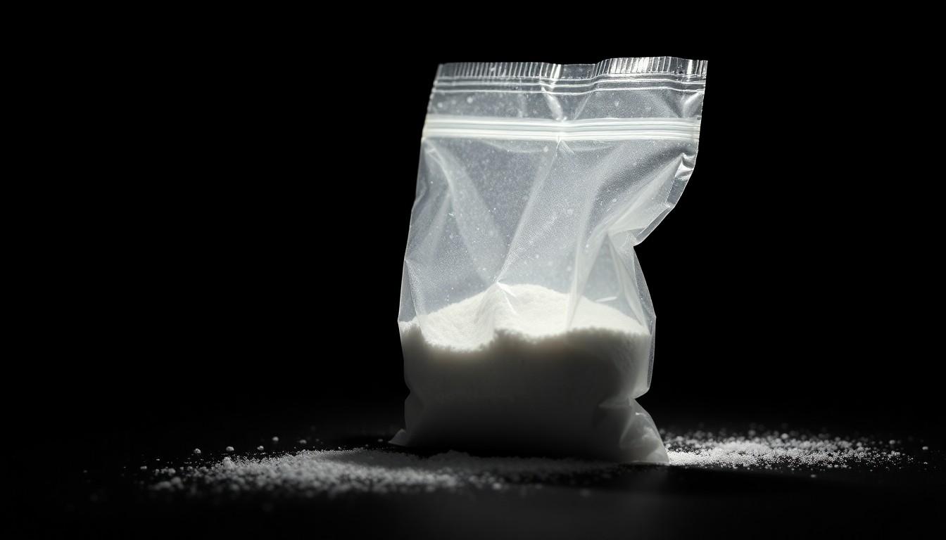 An extreme close-up of a small plastic bag containing an unidentified white powder, dramatically lit by a harsh camera flash against a dark background, conceptually representing the illicit drug activity uncovered during a police search of a convenience store.