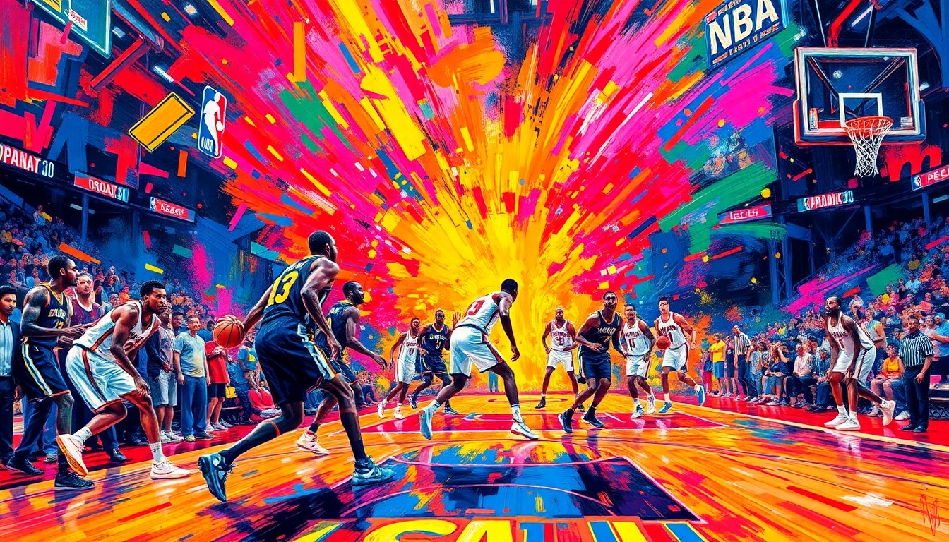 An abstract, expressionist painting featuring bold, neon-colored brushstrokes that capture the frenetic pace and raw athleticism of an NBA playoff basketball game.