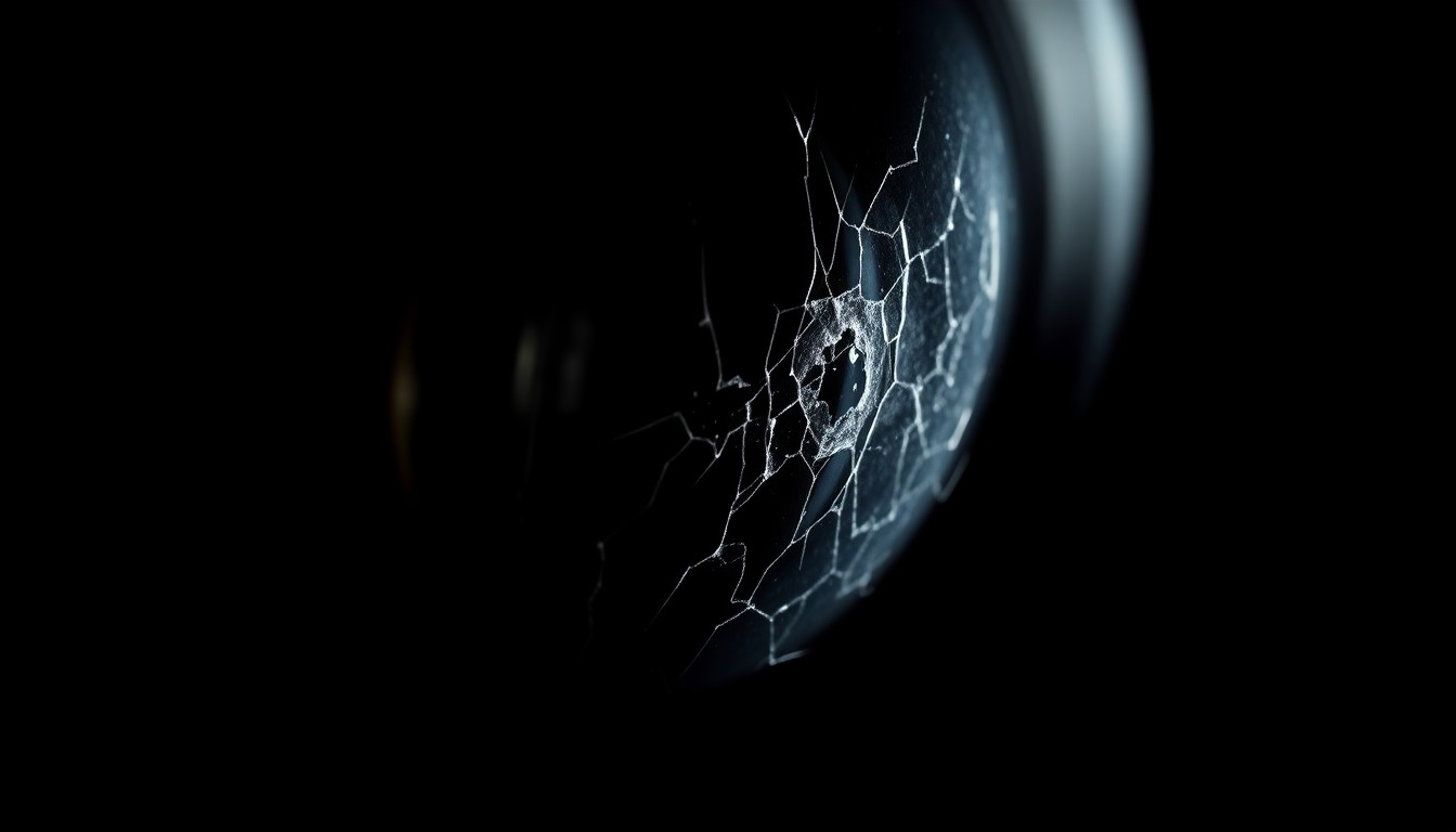 An extreme close-up of a damaged car sensor lens reflecting a faint red light, conceptually illustrating the urgency of the search for a missing person.