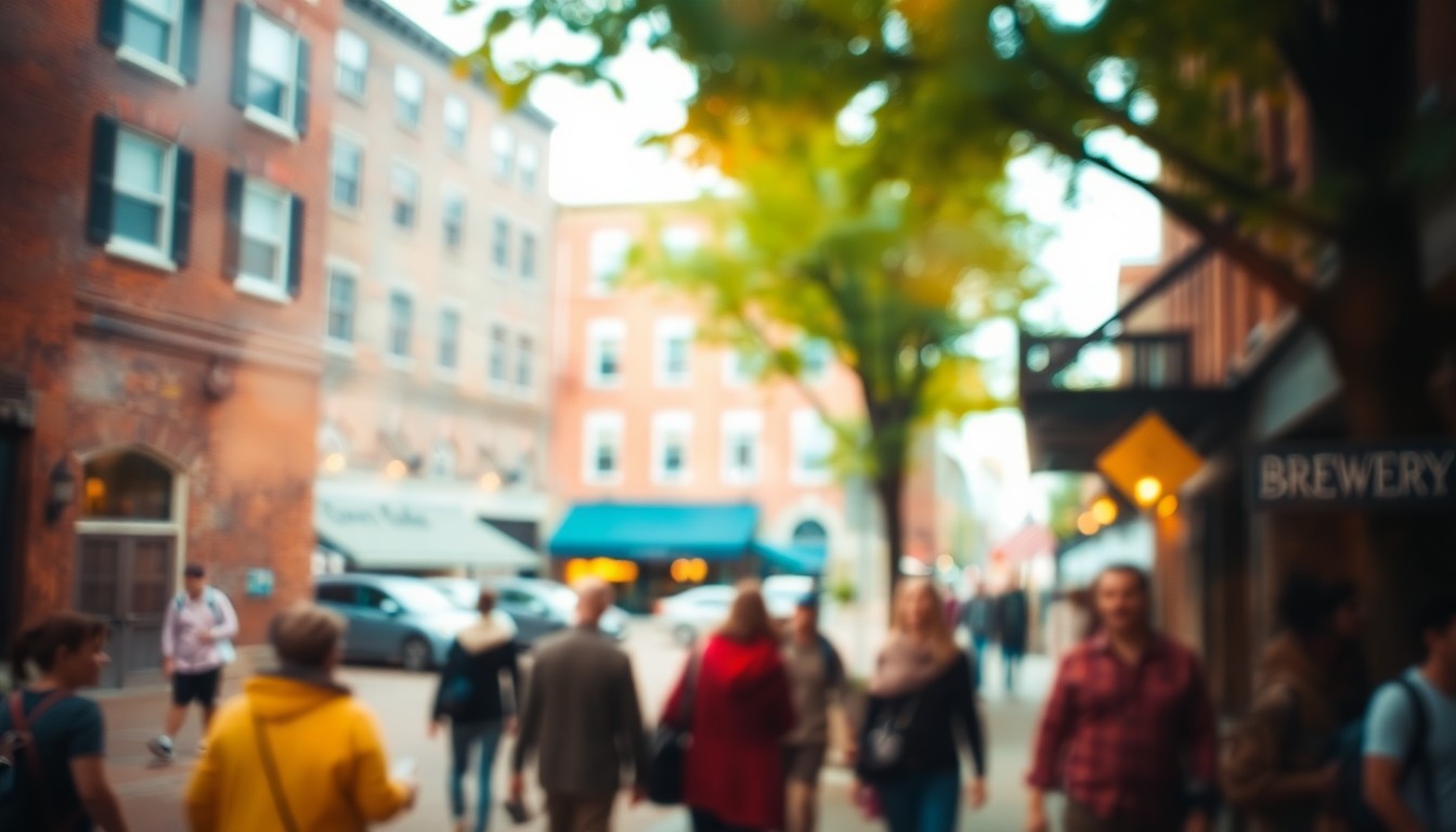An abstract, impressionistic scene of people walking through a historic downtown area, with blurred brick buildings, trees, and a craft brewery in the background, all captured in soft, warm pools of light and color.