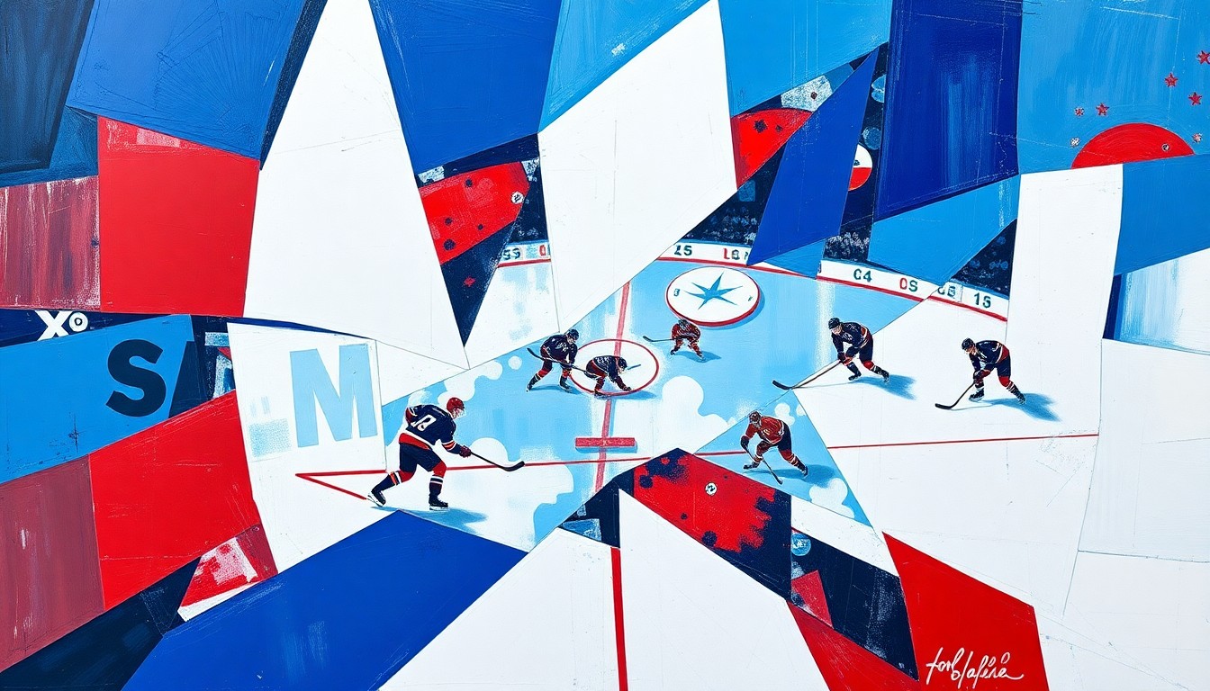 A cubist, geometric painting depicting a hockey game in motion, with overlapping planes of blue, white, and red representing the players, puck, and ice surface in an abstract, deconstructed style.