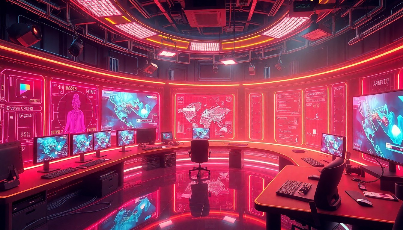 A highly detailed, glowing 3D illustration of a futuristic video production studio control room, filled with holographic displays, fiber-optic cables, and pulsing neon lights, conceptually representing the advanced AI-powered technology that powers the enterprise-grade video localization suite.