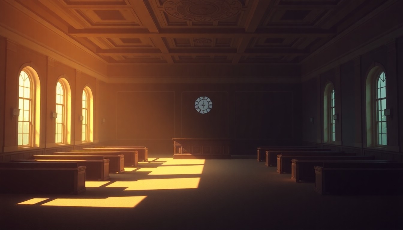 A dimly lit, cinematic painting of an empty county government building or council chamber, with warm sunlight streaming through the windows and deep shadows cast across the interior. The scene has a quiet, contemplative mood, reflecting the weighty political decision facing residents.