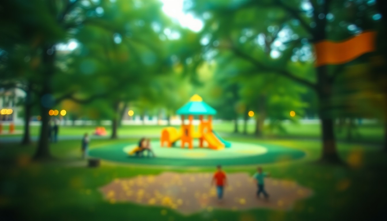 An impressionistic, out-of-focus photograph depicting the vibrant colors and soft lighting of a children's playground nestled within a lush, verdant park setting, conveying a sense of community and environmental sustainability.
