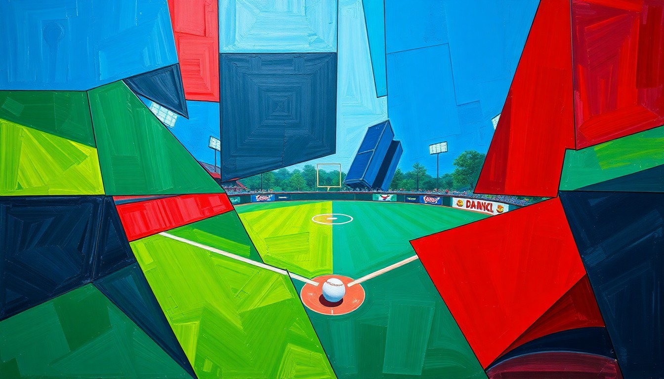 A cubist, geometric painting depicting a fragmented softball game or match, with sharp, overlapping planes of color representing the dynamic action and energy of the sport.