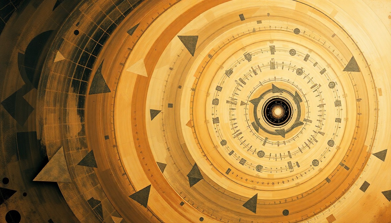 A highly abstract, geometric painting in soft earth tones depicting the complex forces and patterns of stellar X-ray emissions, conveying the structural order of the universe through sweeping arcs, concentric circles, and precise spirals without any text or labels.