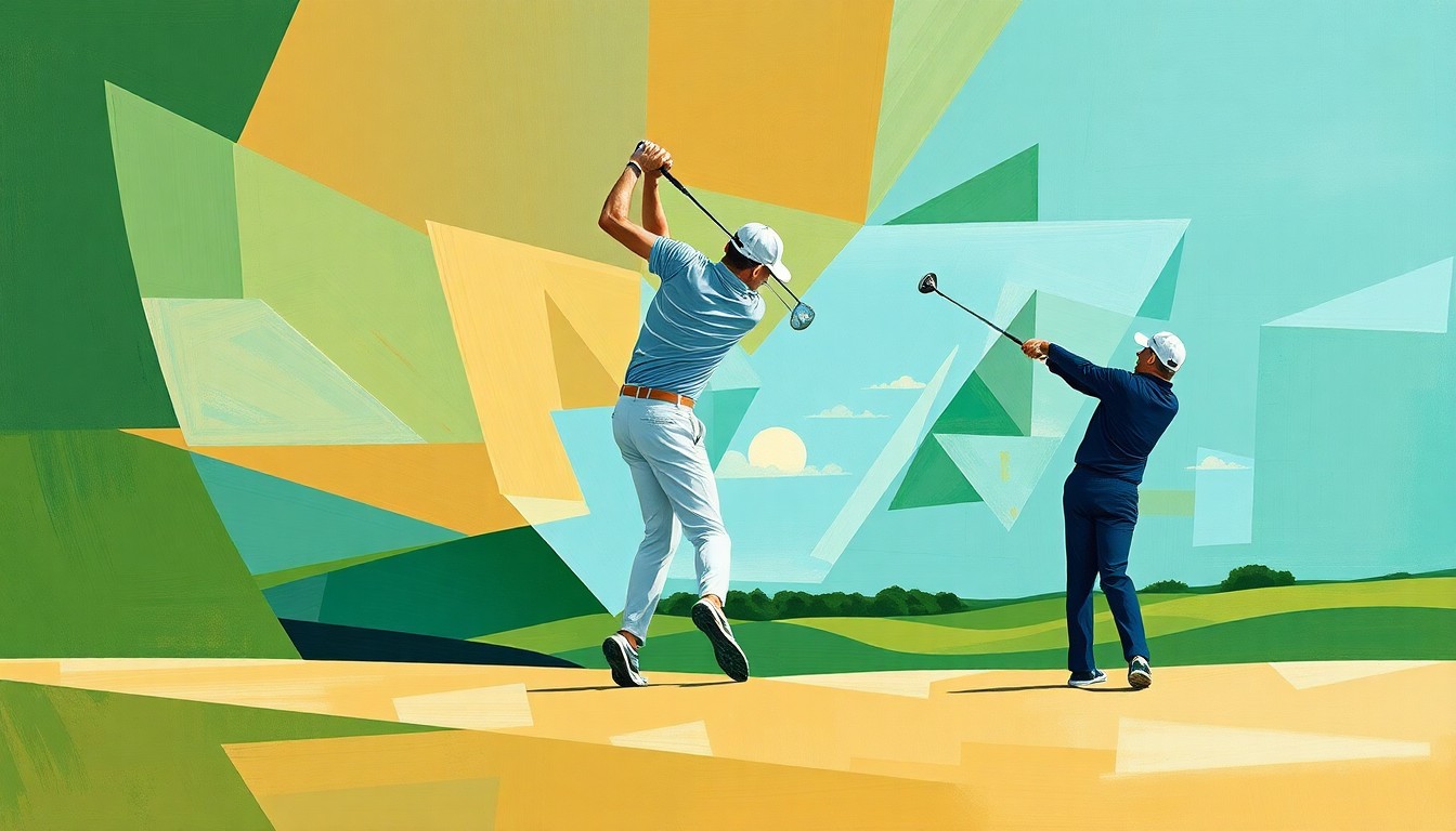 A cubist, geometric painting depicting a deconstructed golf swing or golf course scene, with overlapping planes of green, tan, and blue shapes.