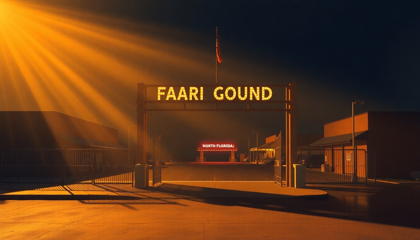 A serene, nostalgic painting of the entrance gate to the North Florida Fairgrounds, with the structure bathed in warm, golden sunlight and surrounded by deep shadows, conveying a sense of the fairgrounds' historical significance and the contemplative mood of the ongoing policy debate.