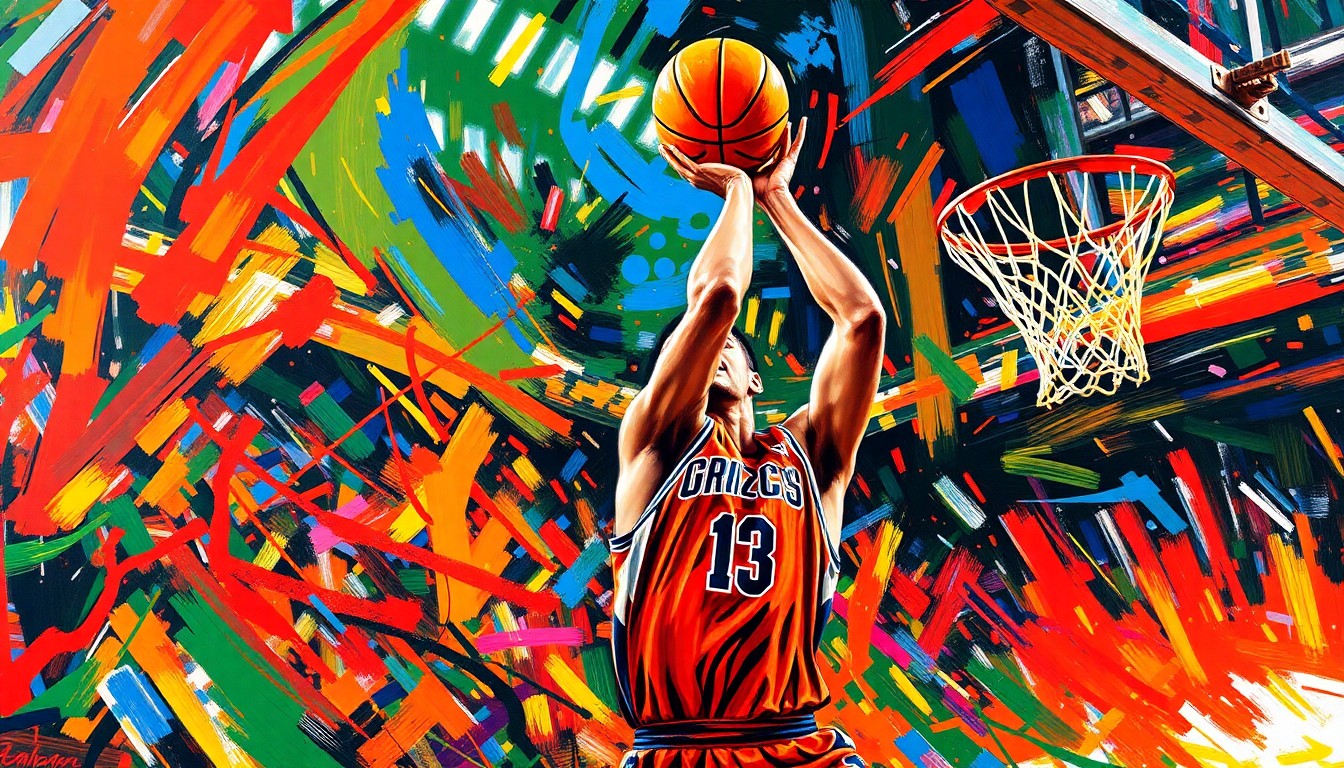 An abstract, expressionist painting using vibrant neon colors and rapid brushstrokes to capture the energy and intensity of a basketball player blocking a shot, conveying the defensive impact of the player's performance.