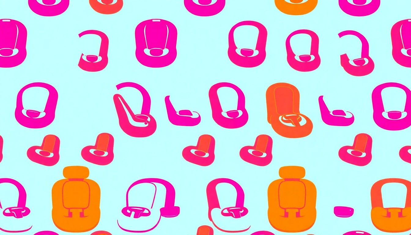 A bold, abstract grid of colorful child car seat icons in a modern pop art style, conveying the importance of proper car seat installation and usage.