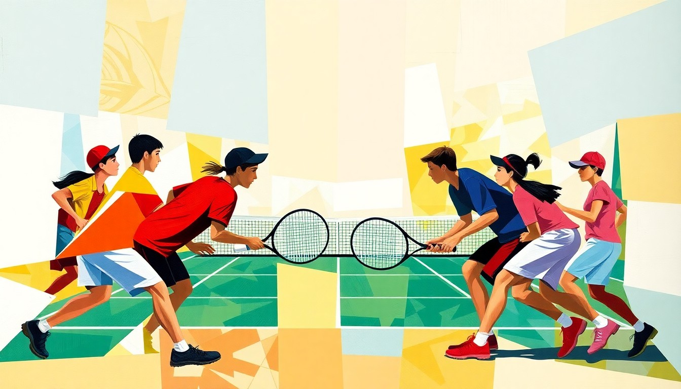 A fractured, geometric painting depicting the abstract forms of high school tennis players engaged in a match, conveying the energy and intensity of the competition.