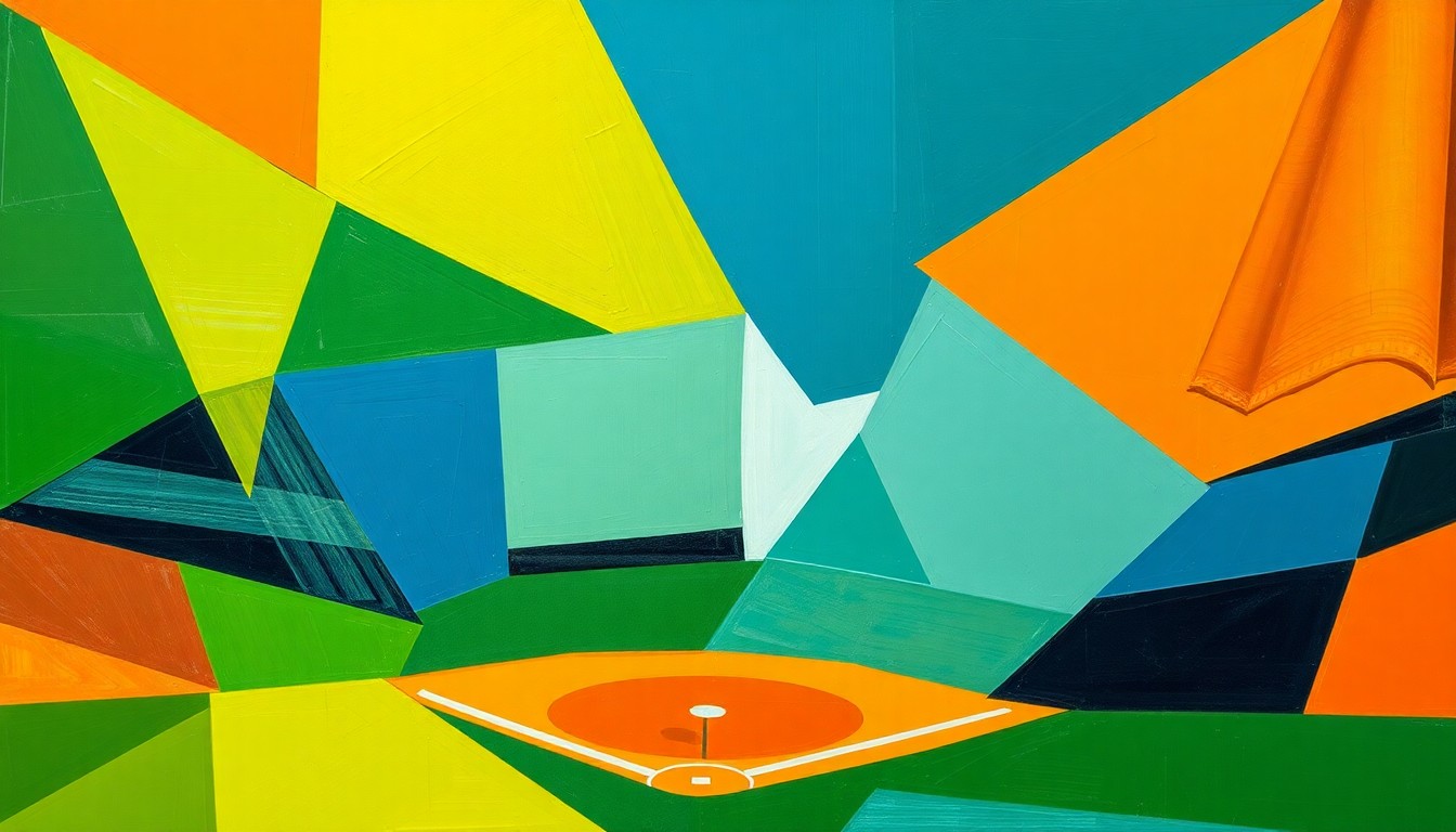 A cubist, geometric painting depicting a baseball game broken down into overlapping planes of green, blue, and orange, conveying the dynamic action and tension of the Athletics' victory over the Rangers.