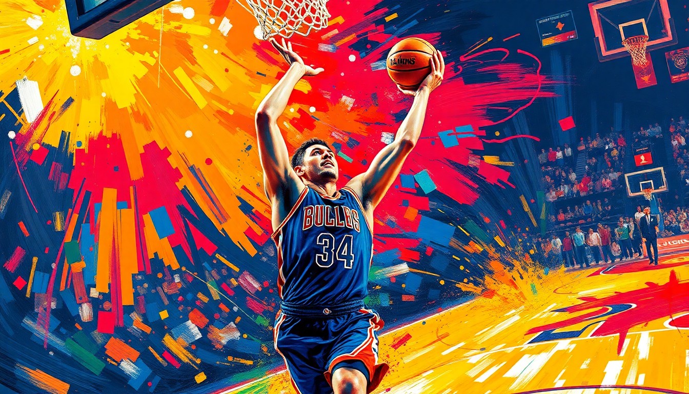 An extreme close-up of Deni Avdija driving to the hoop, his face and the basketball court rendered in a vibrant, expressionist style with rapid brushstrokes and neon colors, capturing the raw energy and intensity of his game-winning play.