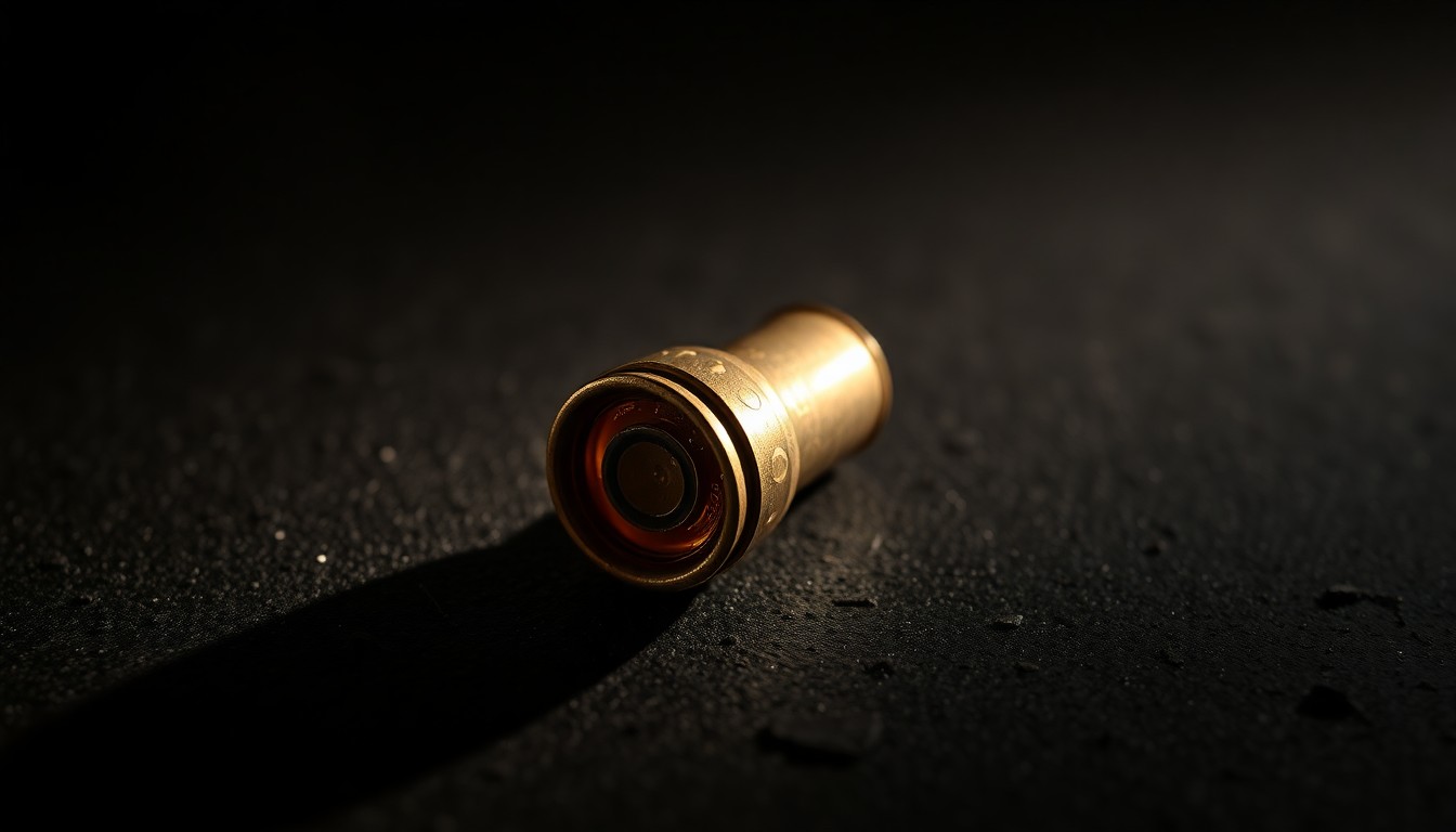 An extreme close-up photograph of a spent shell casing on a dark, textured surface, lit by a harsh, direct camera flash, conceptually illustrating the investigation into a recent shooting incident.