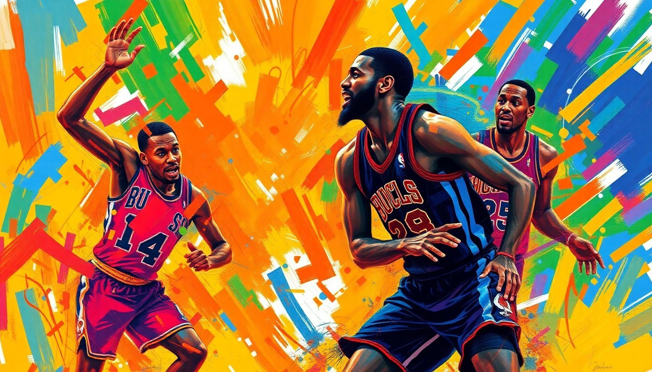 An abstract, expressionist painting in vibrant neon colors, capturing the raw energy and emotion of a high-stakes NBA playoff game with dynamic, dissolving player forms.
