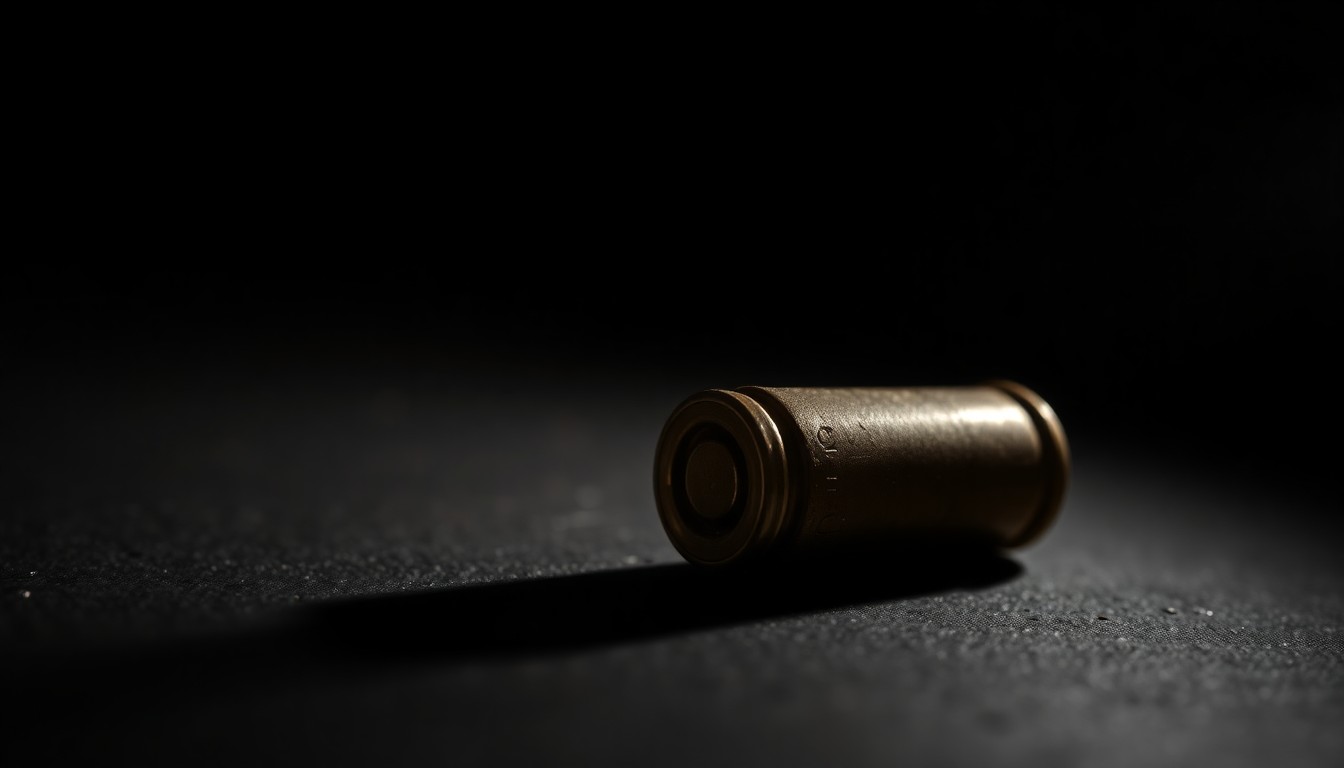 An extreme close-up photograph of a single spent shell casing on a dark surface, lit by a harsh, direct camera flash, conceptually representing the evidence found at the scene of a deadly shooting.