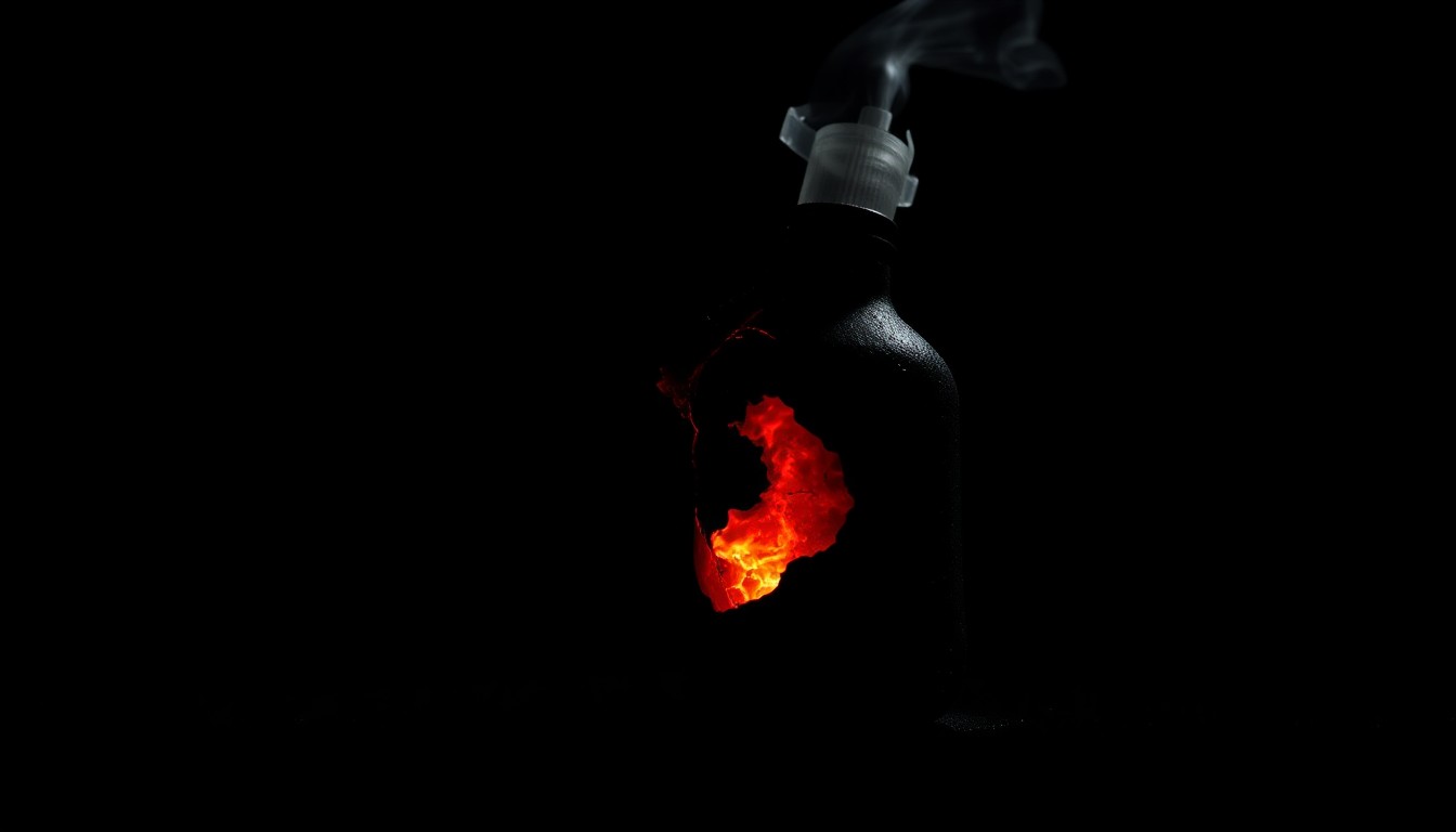An extreme close-up photograph of a partially melted Molotov cocktail against a pitch-black background, conveying a stark, gritty, and investigative aesthetic without depicting any violence.