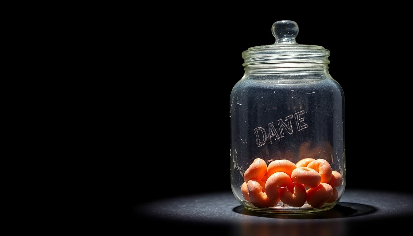 An extreme close-up photograph of a damaged donut shop tip jar against a stark black background, lit by a harsh camera flash to create a gritty, investigative aesthetic.