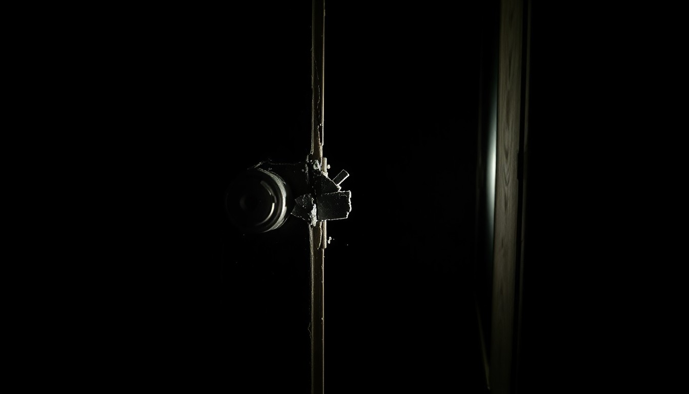 An extreme close-up photograph of a broken lock or pried-open door frame, lit by a harsh, direct camera flash against a pitch-black background, conceptually illustrating the aftermath of a burglary at a local business.