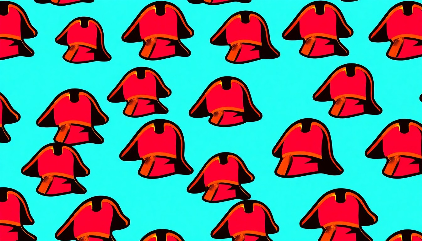 A brightly colored, high-contrast silkscreen print featuring a colonial-era tricorn hat repeated in a tight grid pattern, capturing the pop art style and conceptual nature of the Revolutionary War exhibit in Hauppauge.