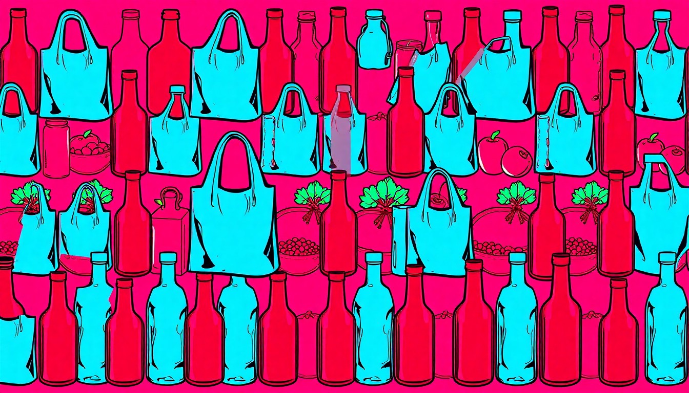 A brightly colored, high-contrast silkscreen print of various reusable grocery bags, organic produce, and glass bottles of kombucha, repeated in a tight grid pattern to conceptually represent the diverse array of natural and sustainable products found at the Rainbow Grocery Cooperative.