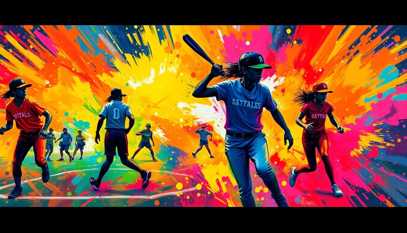 An abstract expressionist painting in neon colors, with rapid brushstrokes capturing the dynamic motion and energy of a high school softball game.