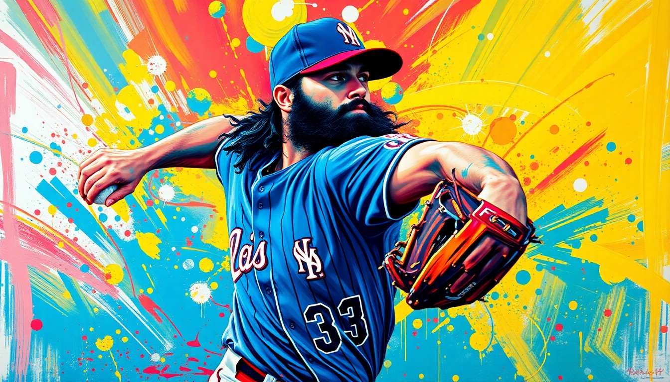 An abstract expressionist painting in neon colors depicting the dynamic pitching motion of a baseball closer, with the player's features obscured by the energetic brushstrokes.