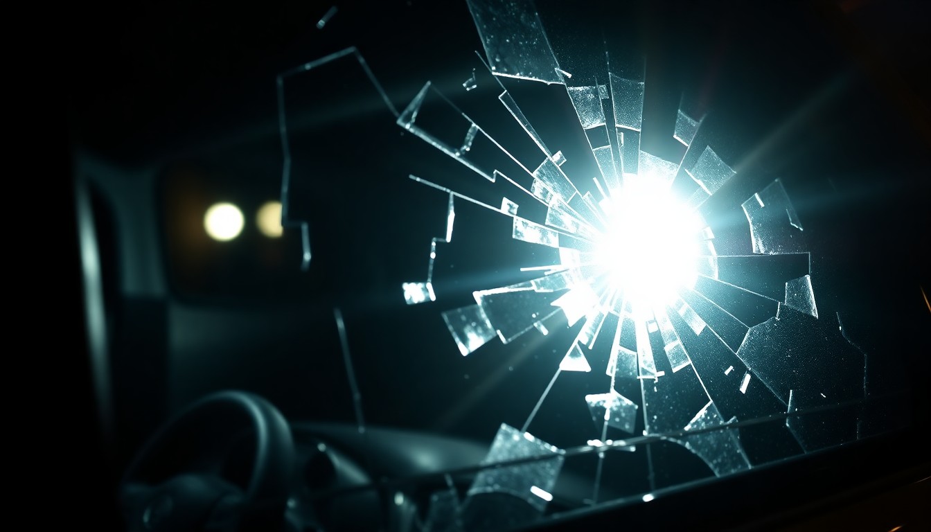 An extreme close-up of a shattered car window reflecting a harsh camera flash, conceptually illustrating the violent confrontation between law enforcement and the suspect.