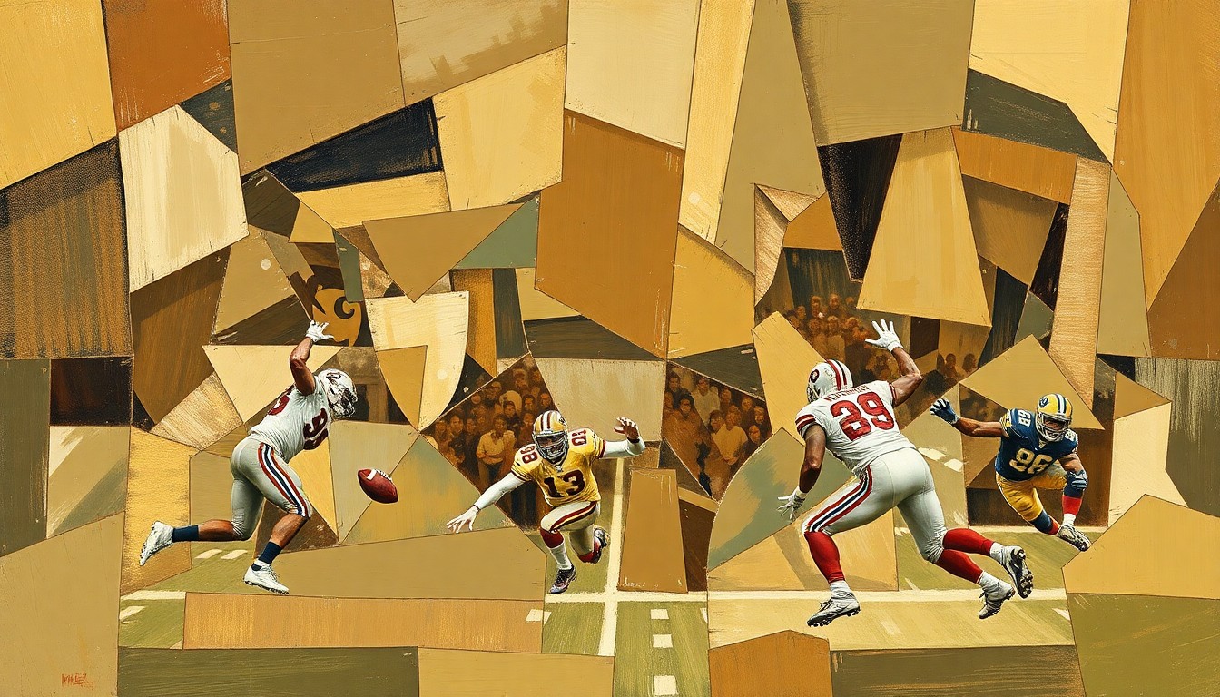 A fractured, geometric painting depicting a football game or quarterback competition, with sharp planes of muted earth tones overlapping to create a sense of motion and uncertainty.