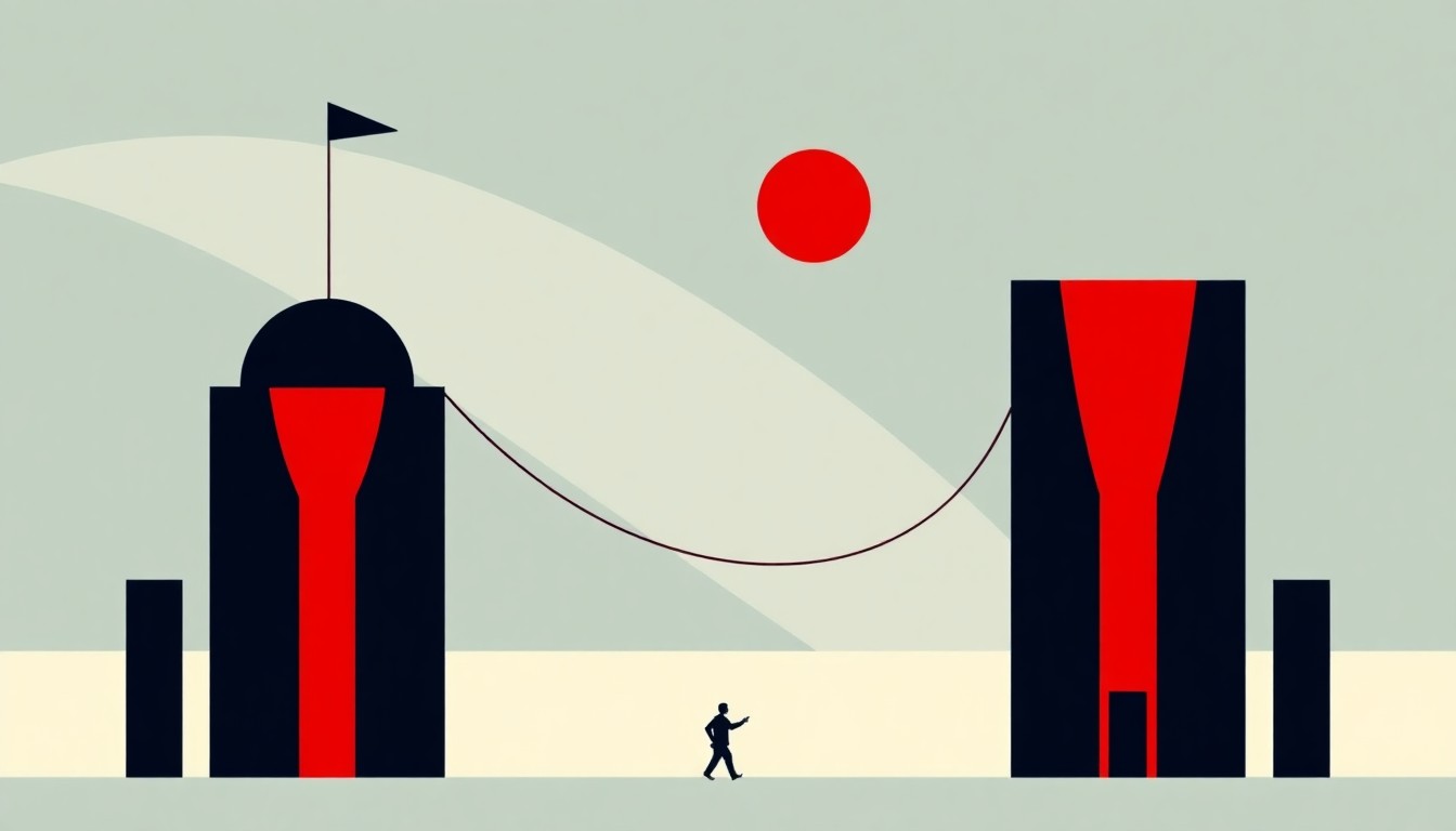 An abstract illustration featuring overlapping triangles and rectangles in shades of dark gray, navy blue, and crimson red, conveying a sense of economic instability and uncertainty.