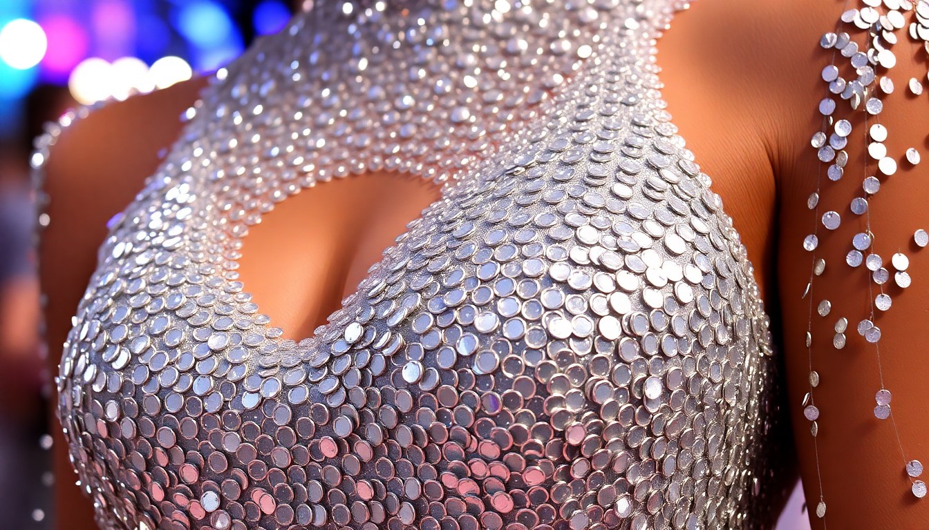 An extreme close-up of shimmering silver sequins and metallic fabric textures, conceptually representing the glamorous, futuristic style of the actors' outfits at the event.