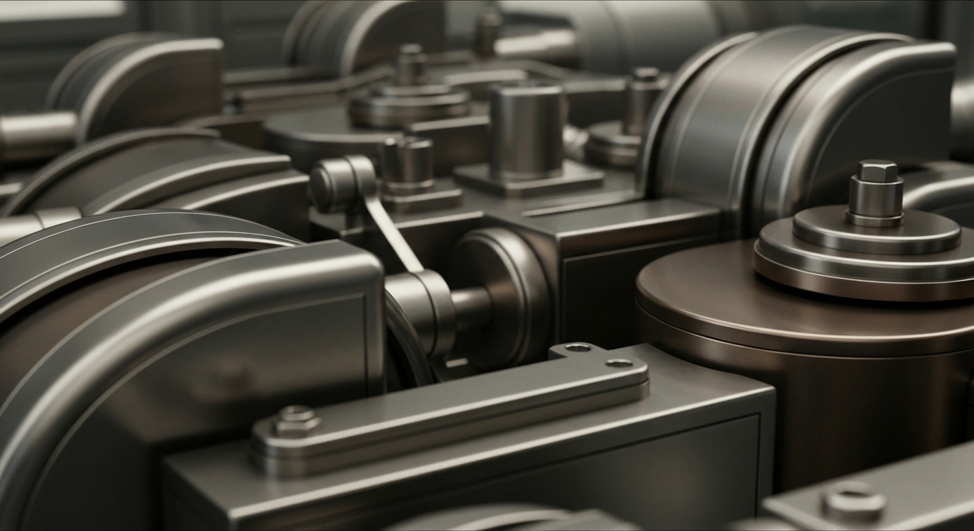 A highly detailed, cinematic close-up image of heavy, industrial banking equipment and machinery in shades of steel, bronze, and chrome, conveying the tangible power and security of a major financial institution.