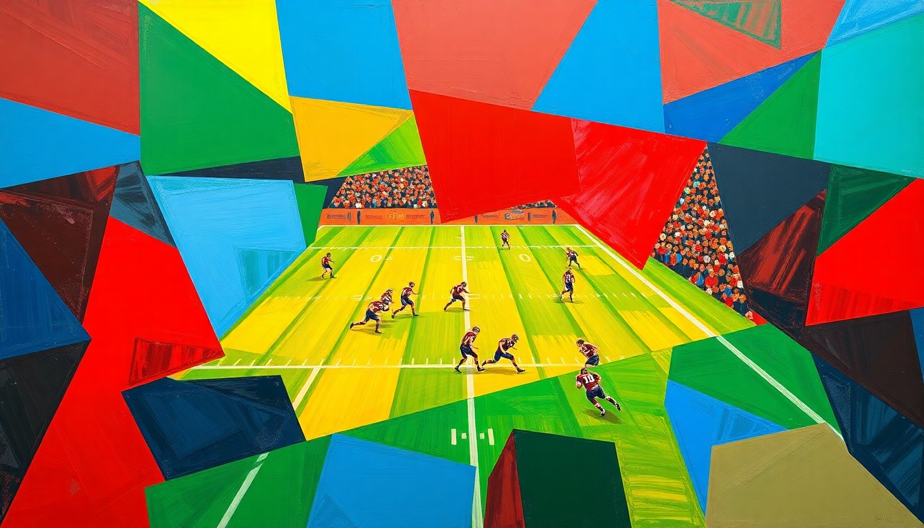 A cubist-style painting depicting a flag football game, with the players and field broken down into sharp, overlapping geometric shapes in a vibrant color palette, conveying the dynamic energy of the sport.