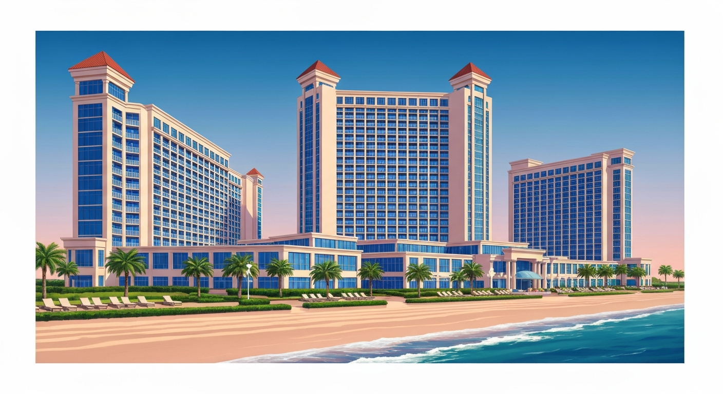 A bold, geometric illustration in the style of A.M. Cassandre, depicting the towering, streamlined forms of a new oceanfront hotel development in Myrtle Beach, with sweeping gradients and forced perspectives that capture the grand scale and romance of the project.