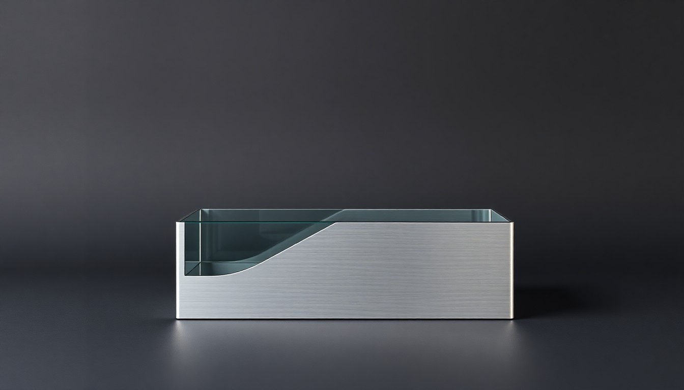 A high-end, photorealistic studio still-life photograph featuring a polished, geometric desk organizer made of brushed aluminum and glass, symbolizing the professional and strategic business environment of Mauldin.