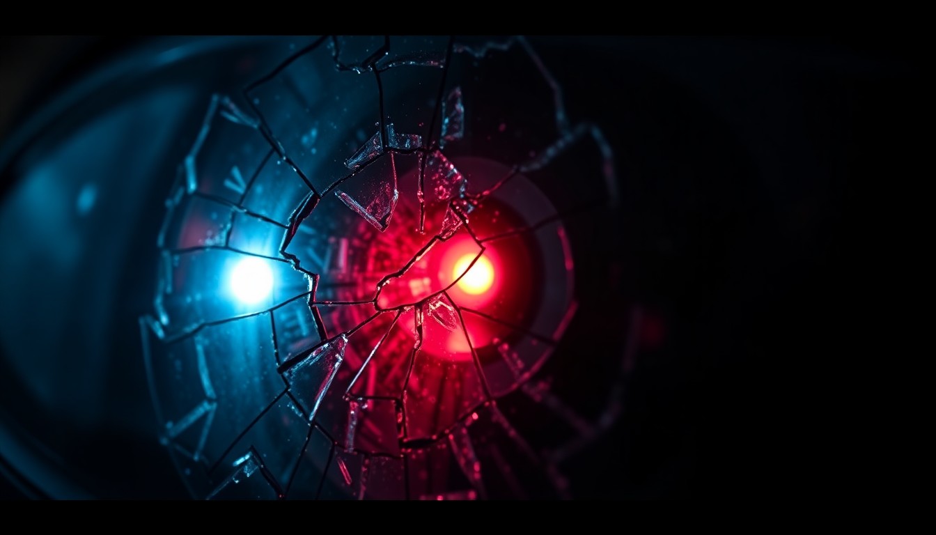 An extreme close-up of a shattered car sensor lens reflecting a faint red light, conceptually representing the aftermath of a crime-related incident in a tense, investigative manner.