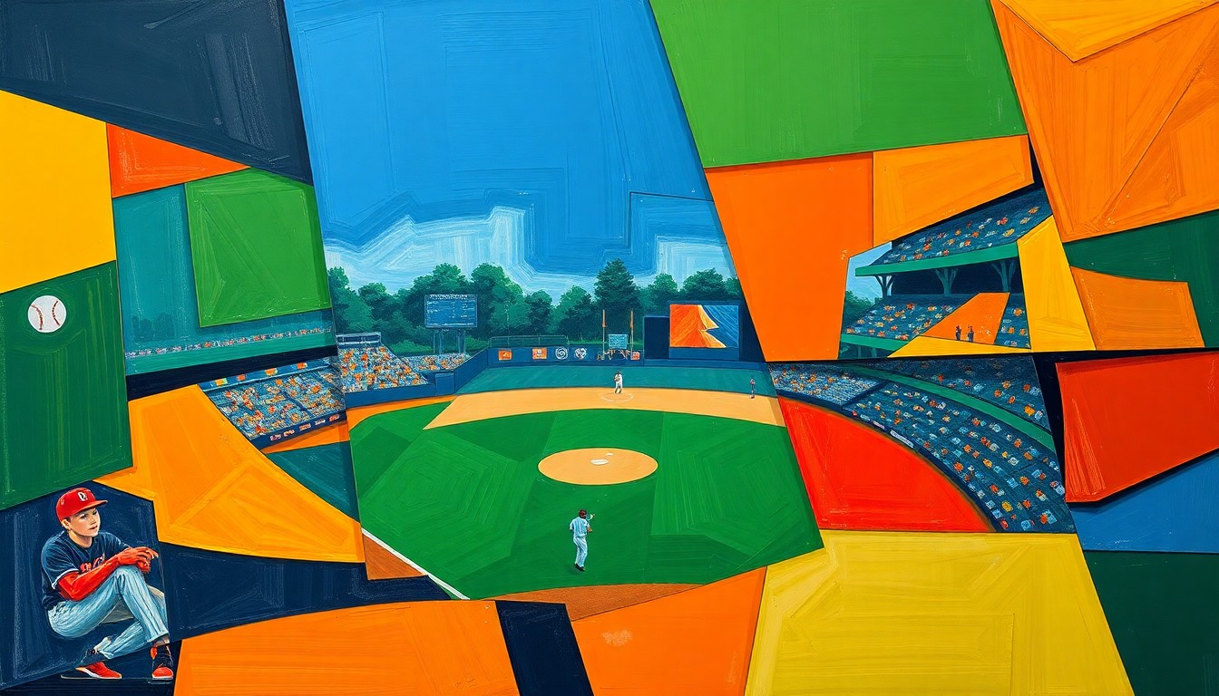 A fragmented, geometric painting in shades of blue, green, and orange, capturing the dynamic action and shifting power dynamics of a high school baseball game.